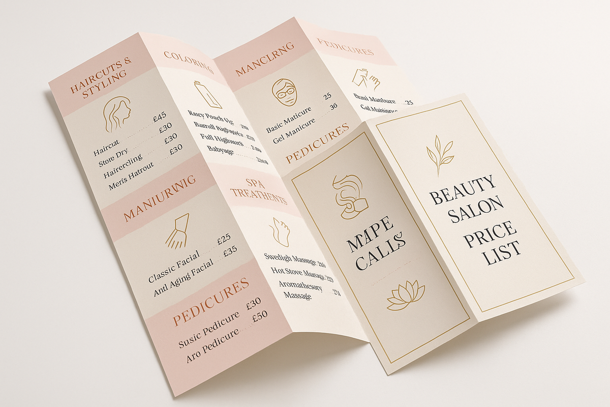 create a roll folded 6pp leaflet, advertising a beauty salon price list