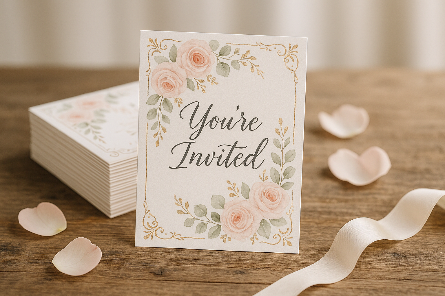 design an a6 wedding invitation, showing the card and a stack of them on a table