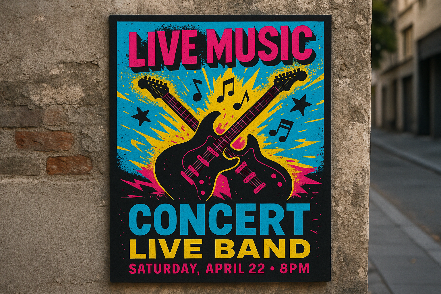 show a poster on a wall outside, advertising a music event