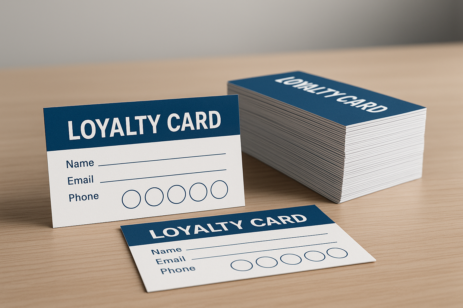 show me a business card loyalty card, and a stack of them on a table