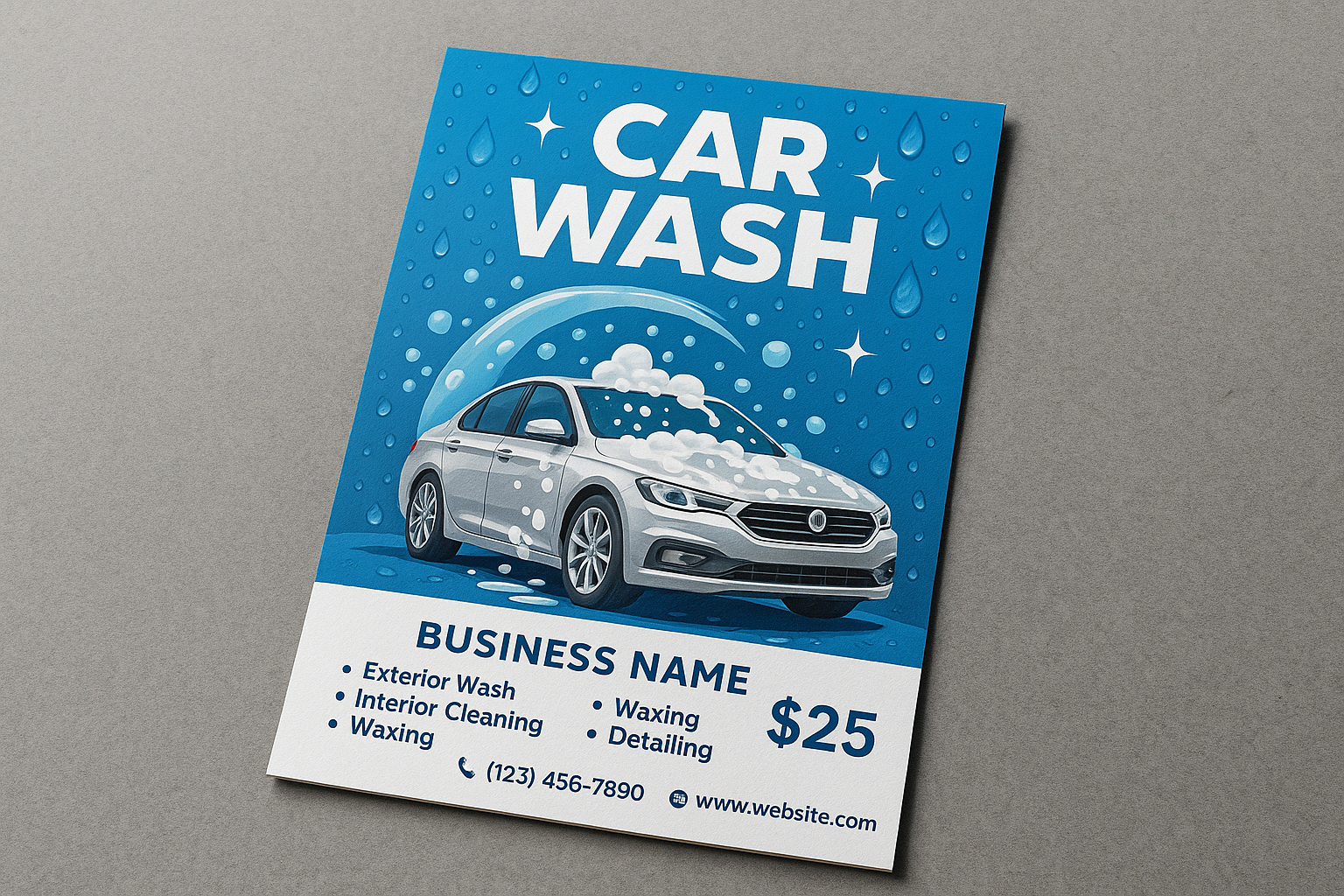 show me an a5 leaflet, but printed on a thicker material, advertising a car wash business